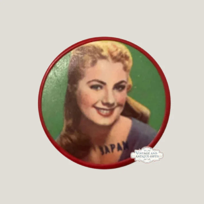 Vintage pin-up girl button on Rare 1950s Shirley Jones Pocket Mirror collectible