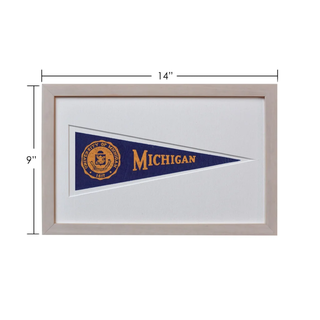 Rare 1950s vintage University Michigan wool felt pennant in navy blue gold frame
