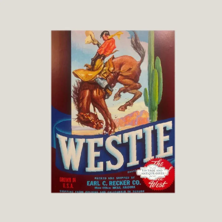 Vintage "Westie" crate label with bucking bronco rider, cactus, Earl C. Recker Co.