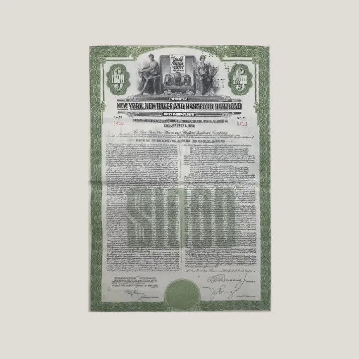 Vintage New York New Haven Hartford Railroad gold bond certificate highlighting historic railroad gold bond