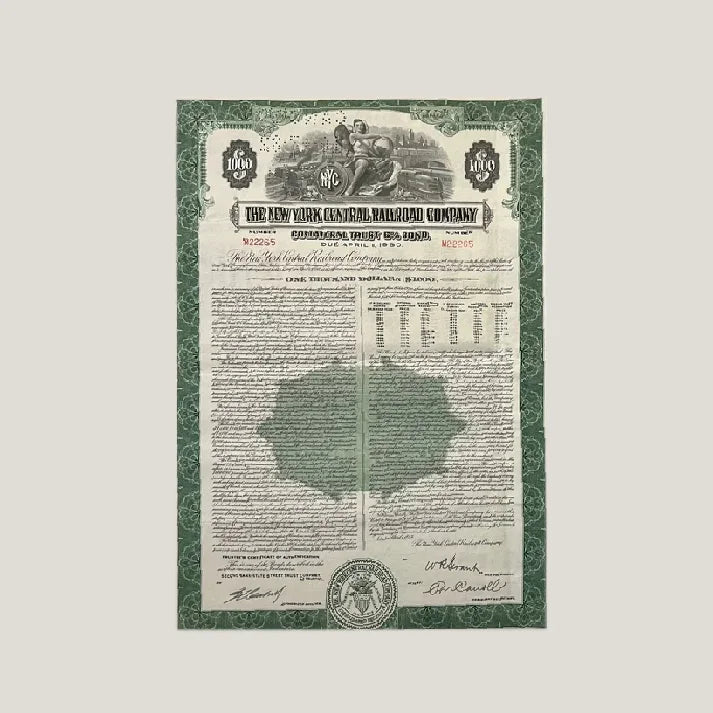 Antique 1955 New York Central Railroad bond certificate showcasing vintage railroad bond art