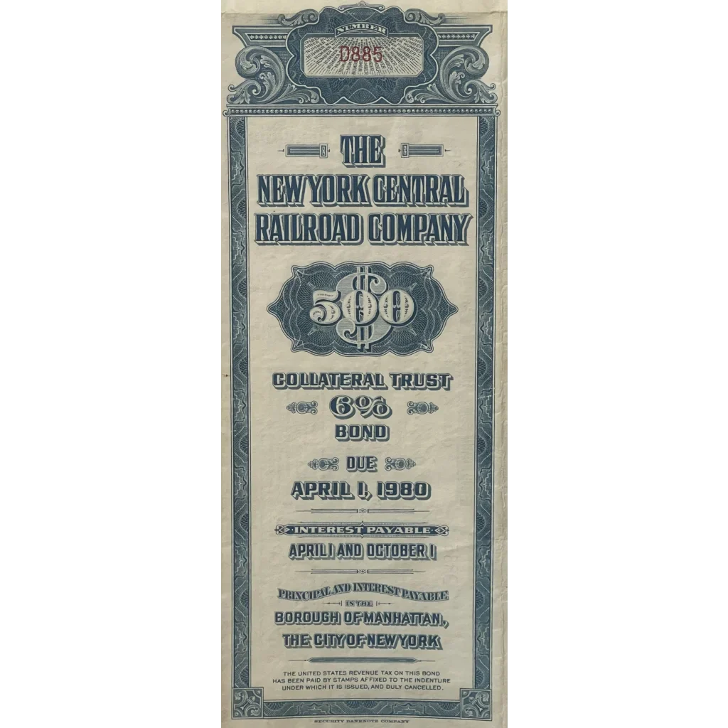 Vintage stock certificate for The New York Central Railroad gold bond certificate