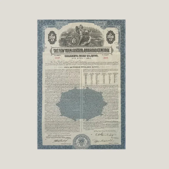 Vintage New York Central Railroad gold bond certificate from 1955