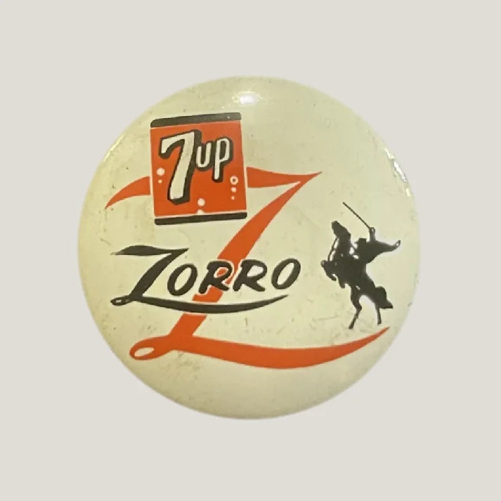 Vintage 7-Up Zorro promotional button on Rare 1957 Walt Disney Zorro pin collectorâs item