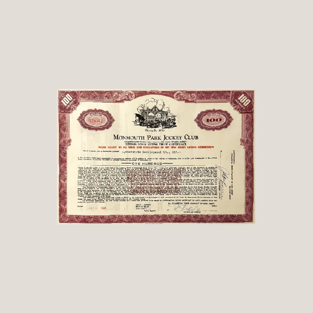 Vintage 1960s Monmouth Park Jockey Club stock certificate horse racing relic