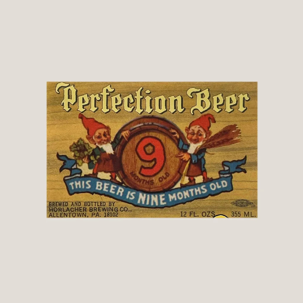 Vintage gold beer label featuring two red-hatted gnomes, barrel, reading "Perfection Beer 9 Months Old."