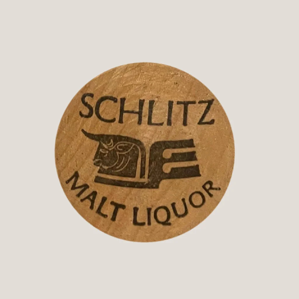 Vintage 1960s Schlitz Malt Liquor promotional wooden nickel NOS — 1.5 inch round hardwood advertising token, Don't Take Wooden Nickels breweriana collectible