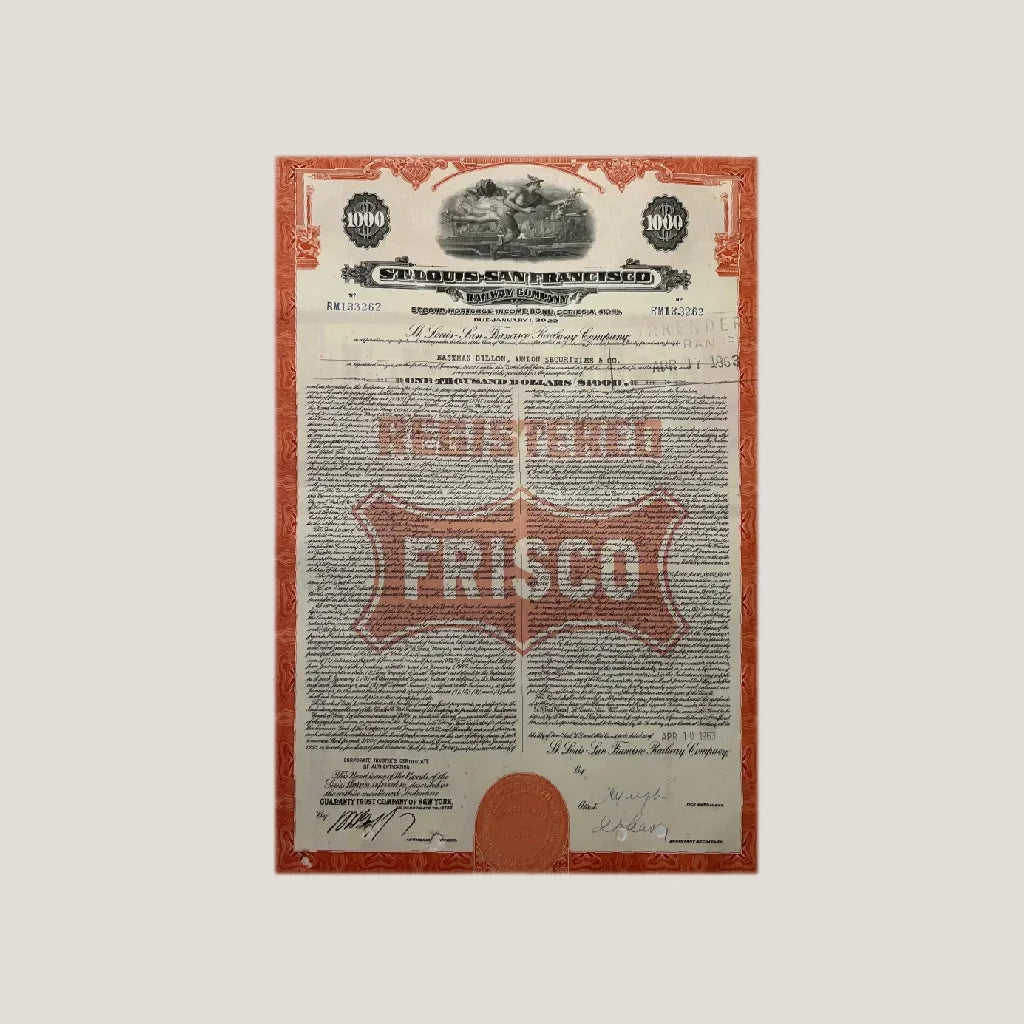 Vintage Frisco gold bond certificate from Rare 1963 St. Louis San Francisco Railway