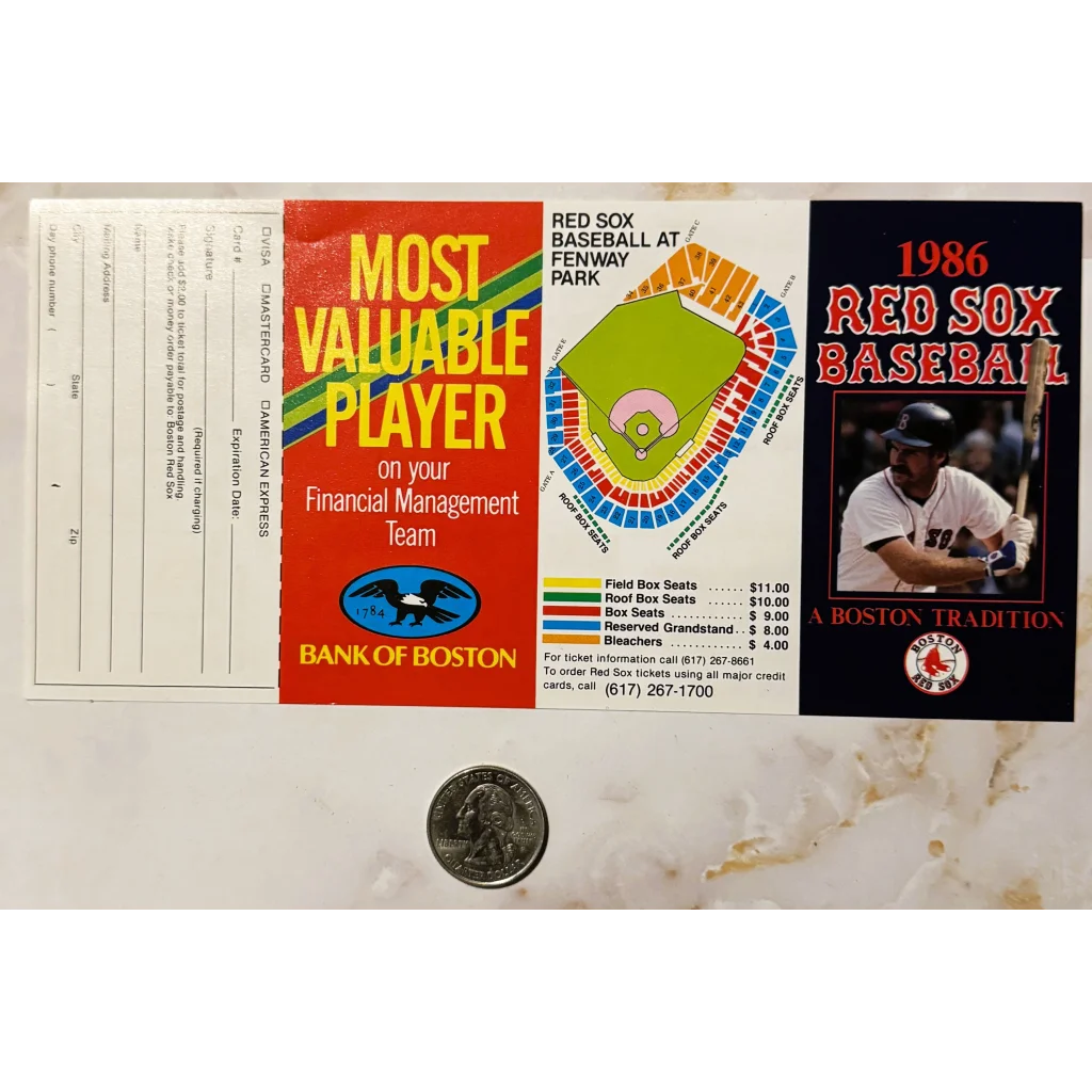 Red Sox memorabilia collection with MVP card, seating chart, and team program for fans