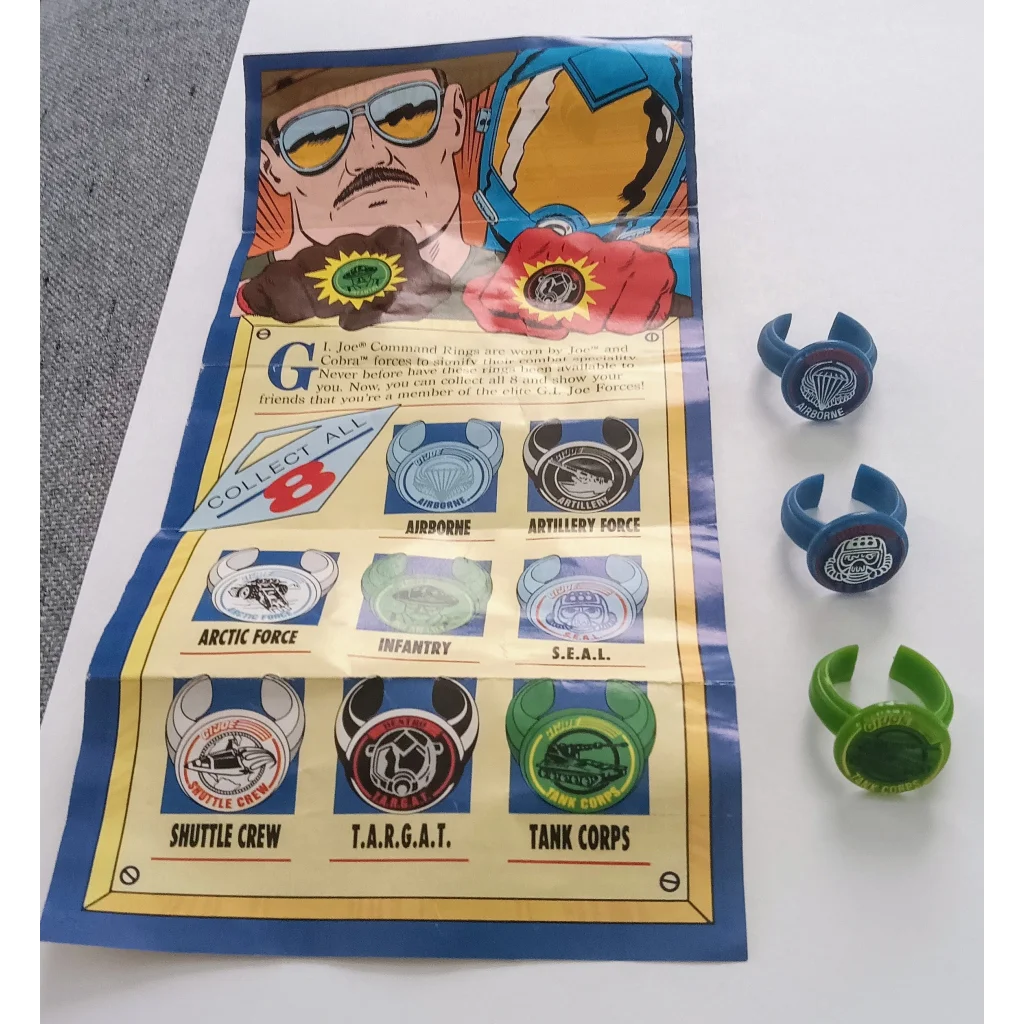 Rare 1990 GI Joe Command Rings Set with green blue rings and Airborne SEAL Tank Corps target