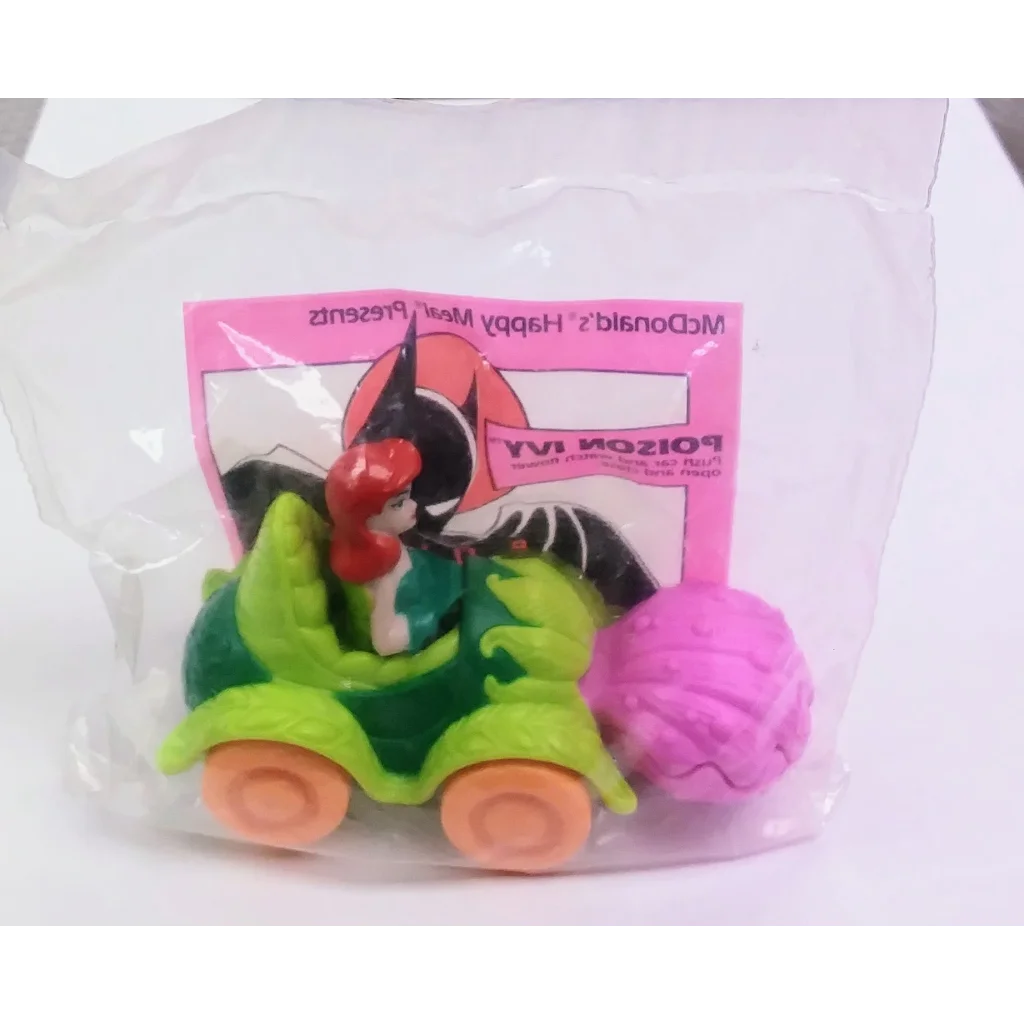 Sealed 1991 Batman Poison Ivy Car Happy Meal Toy with green orange car and red-haired figurine
