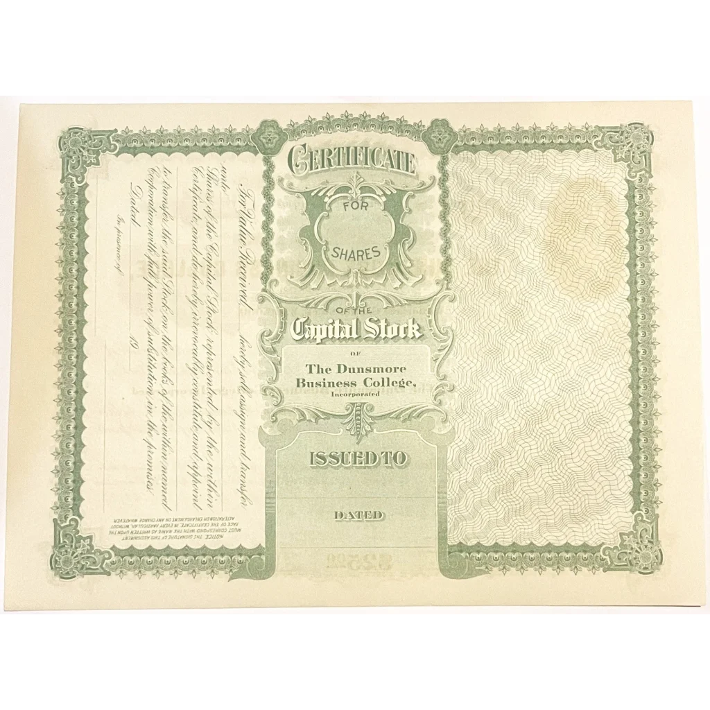 Rare Dunsmore Business College stock certificate showcasing capital shares from the 1900s