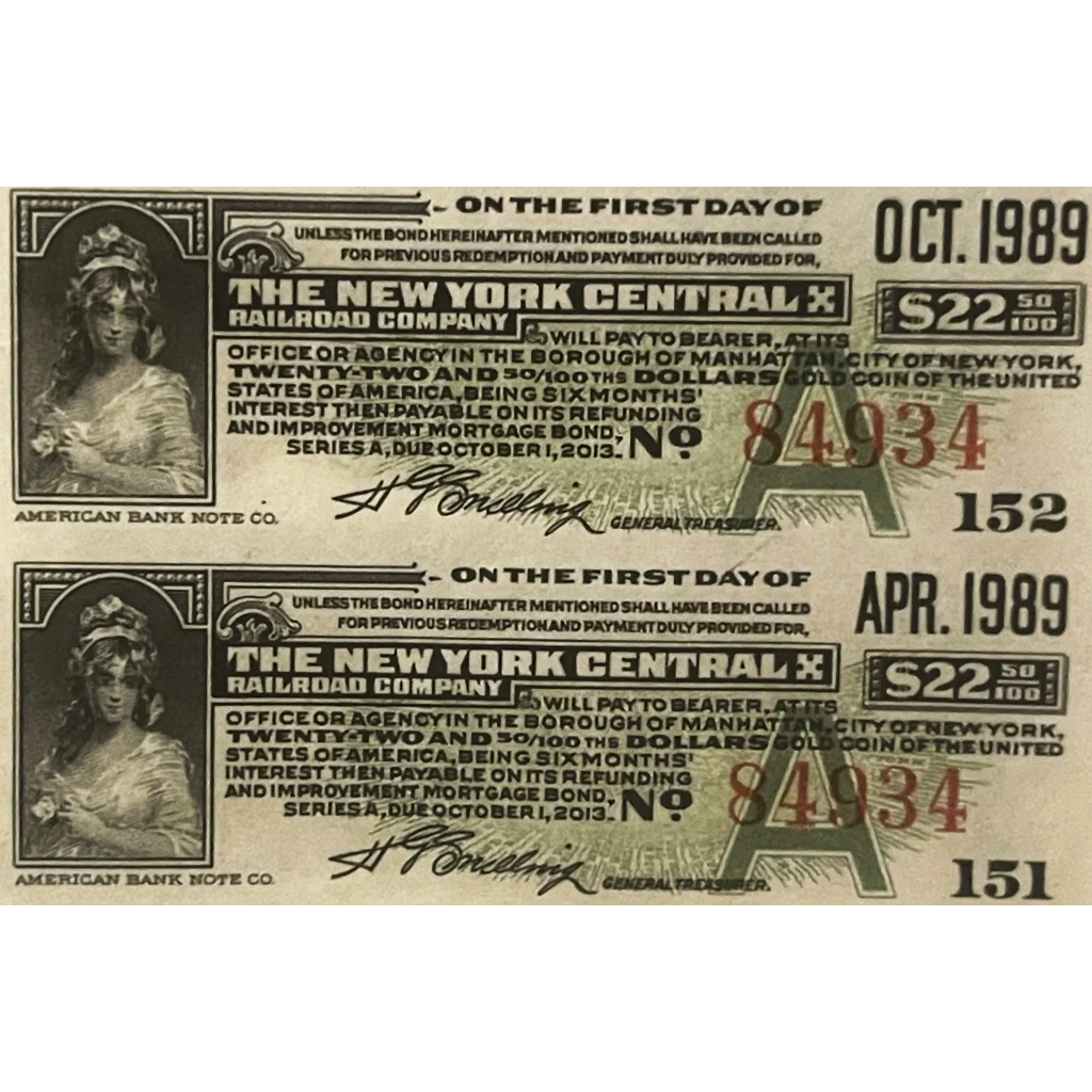 Two vintage New York Central Railroad bond coupons from 1989 for a gold bond certificate