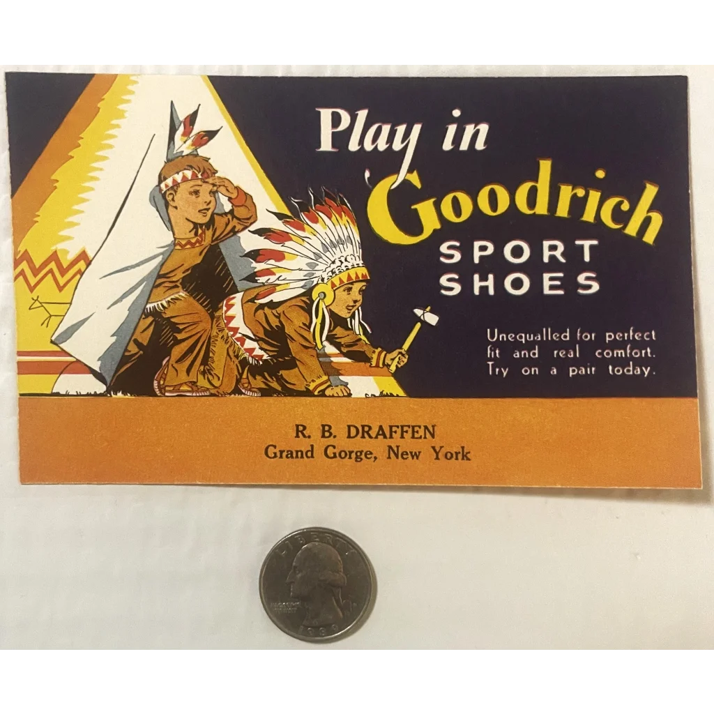 Vintage Goodrich Sport Shoes ad card showcasing Native American imagery from the 1920s