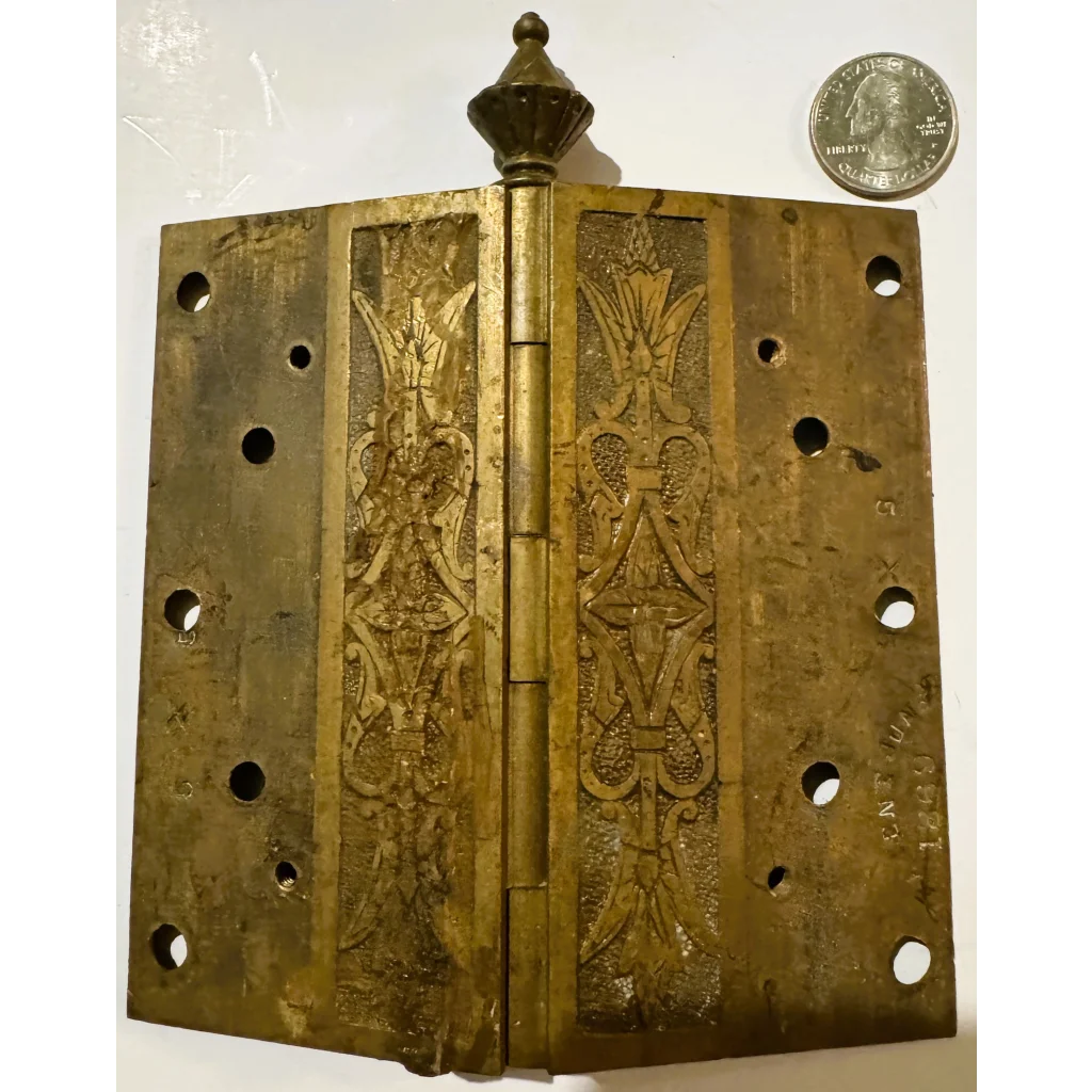 Antique ornate brass door hinge with finial and patent date Victorian charm