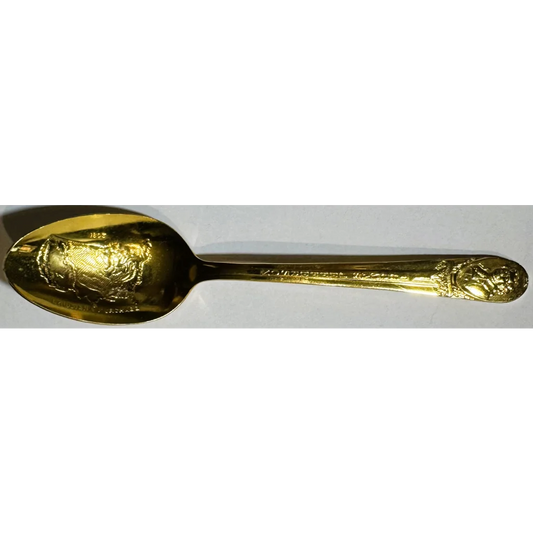 Wm. Rogers Mfg. Co. Presidents Series Thomas Jefferson commemorative spoon, full view showing gold-wash silverplate finish.