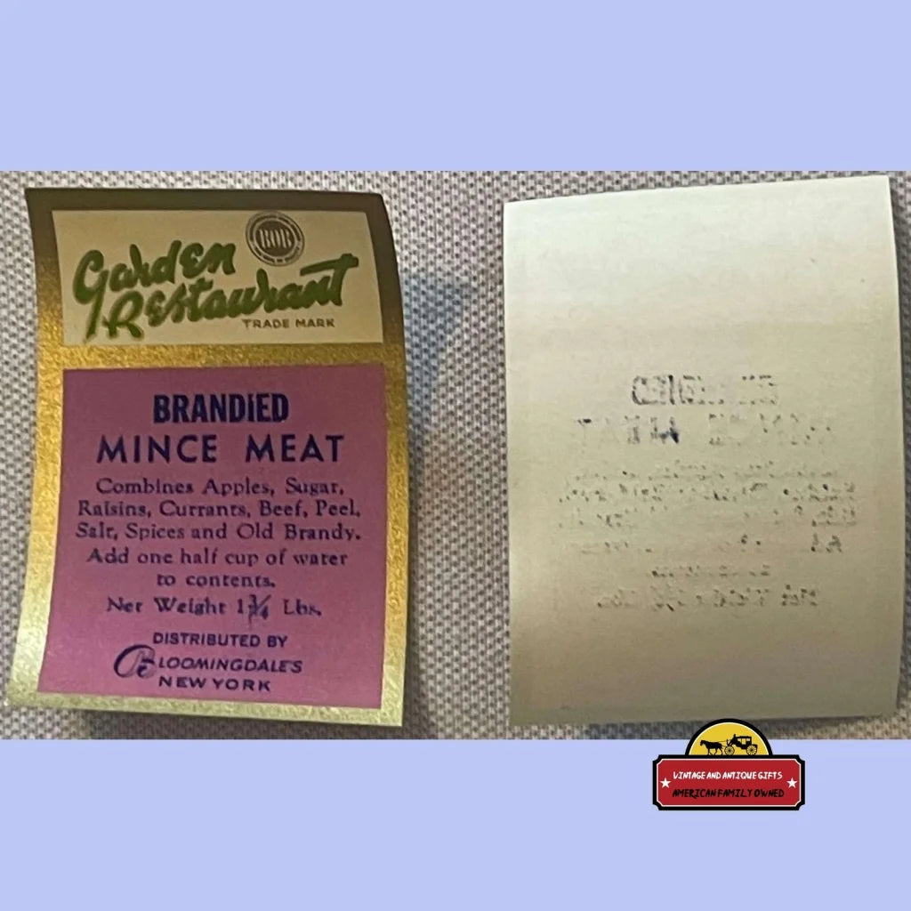 Rare Antique Vintage 1910s-1930s Golden Restaurant Mince Meat Label Bloomingdales NY Advertisements and Gifts Home page