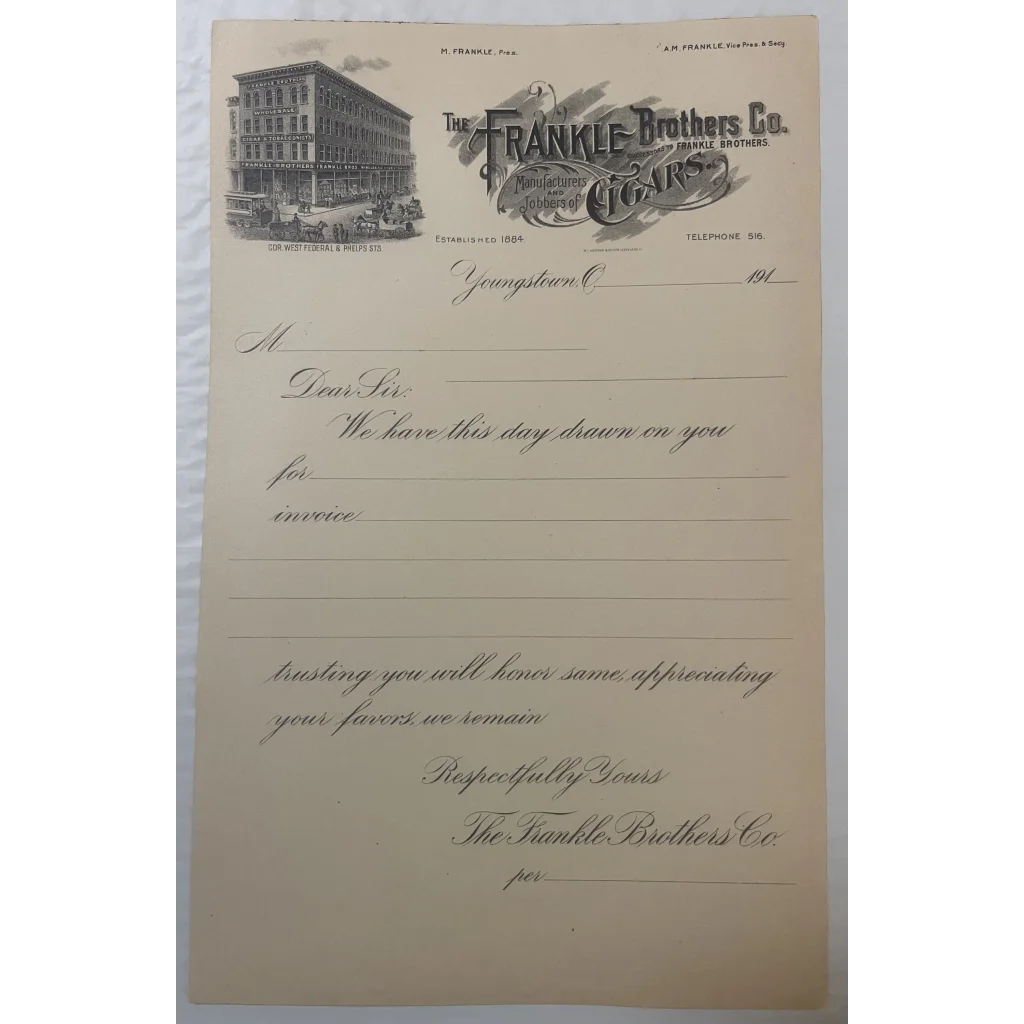 Rare Antique Vintage 1910s Frankle Brothers Cigar Co. Invoice Youngstown OH Collectibles and Gifts Home page