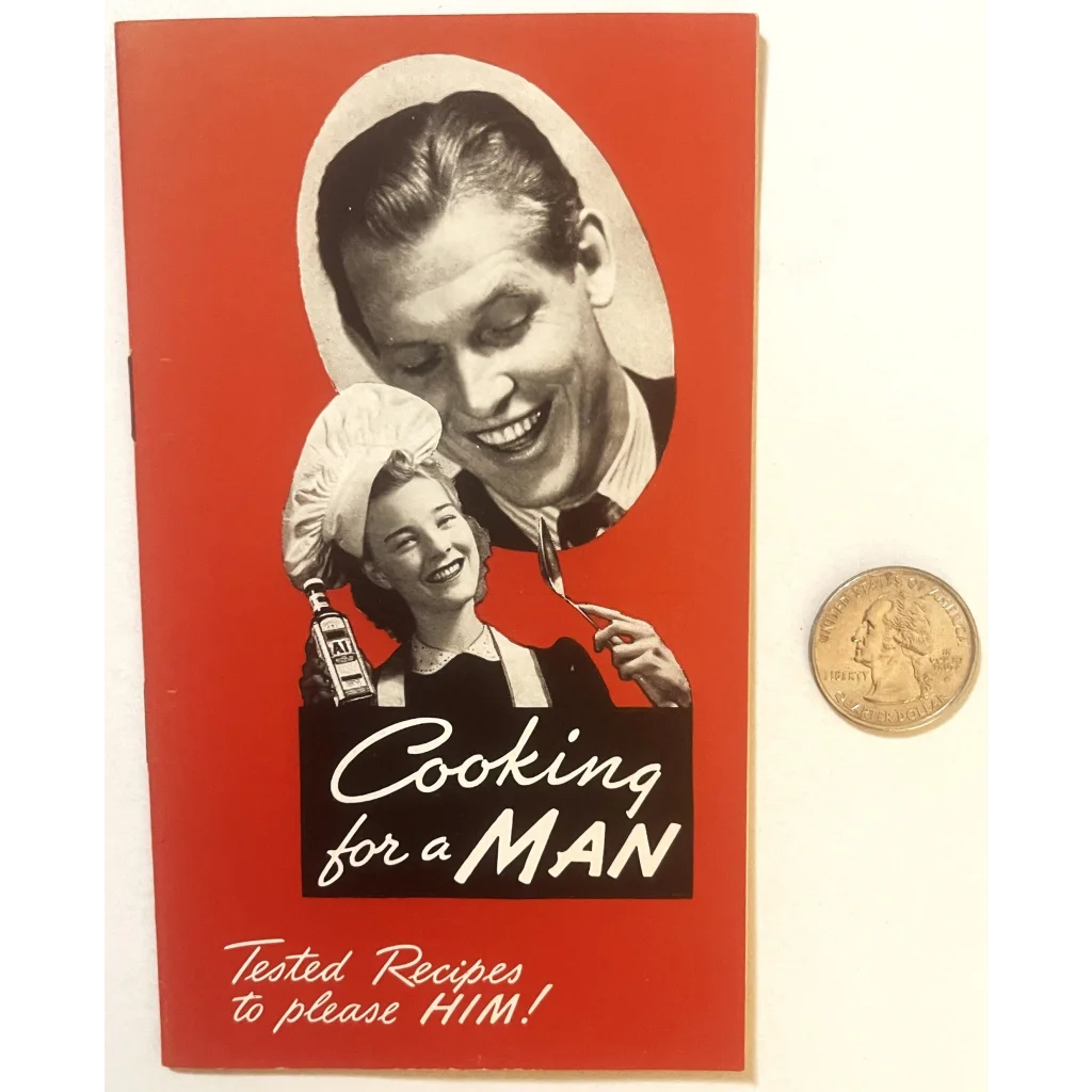 Rare antique vintage cookbook cover for Cooking for a MAN with retro illustrations