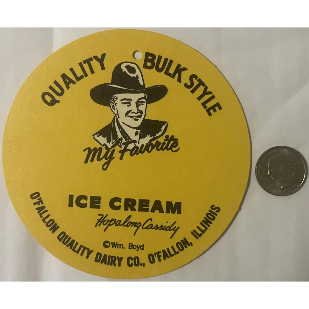Yellow ice cream container lid with Hopalong Cassidy mascot, perfect antique gift