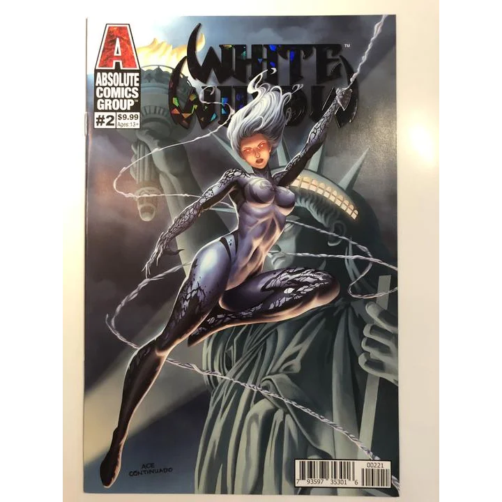 Rare antique silver superheroine with red eyes vs Statue of Liberty