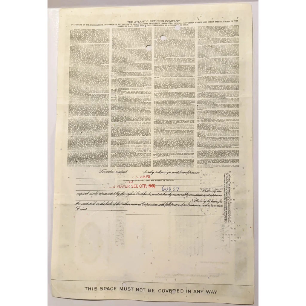 Vintage Atlantic Refining Company stock certificate from the 1950s for collectors
