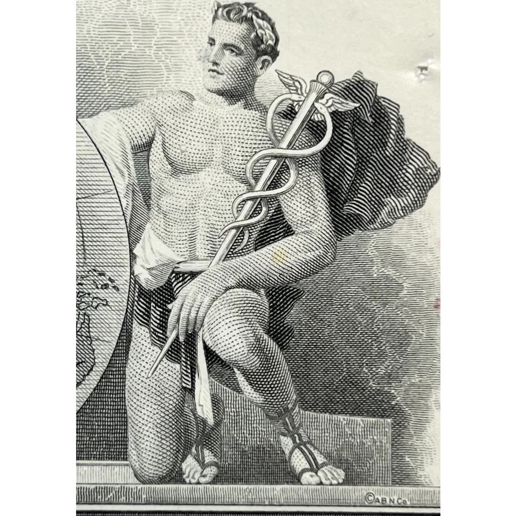 Muscular male figure with caduceus staff on Rare Blue Vintage Pan Am stock certificate