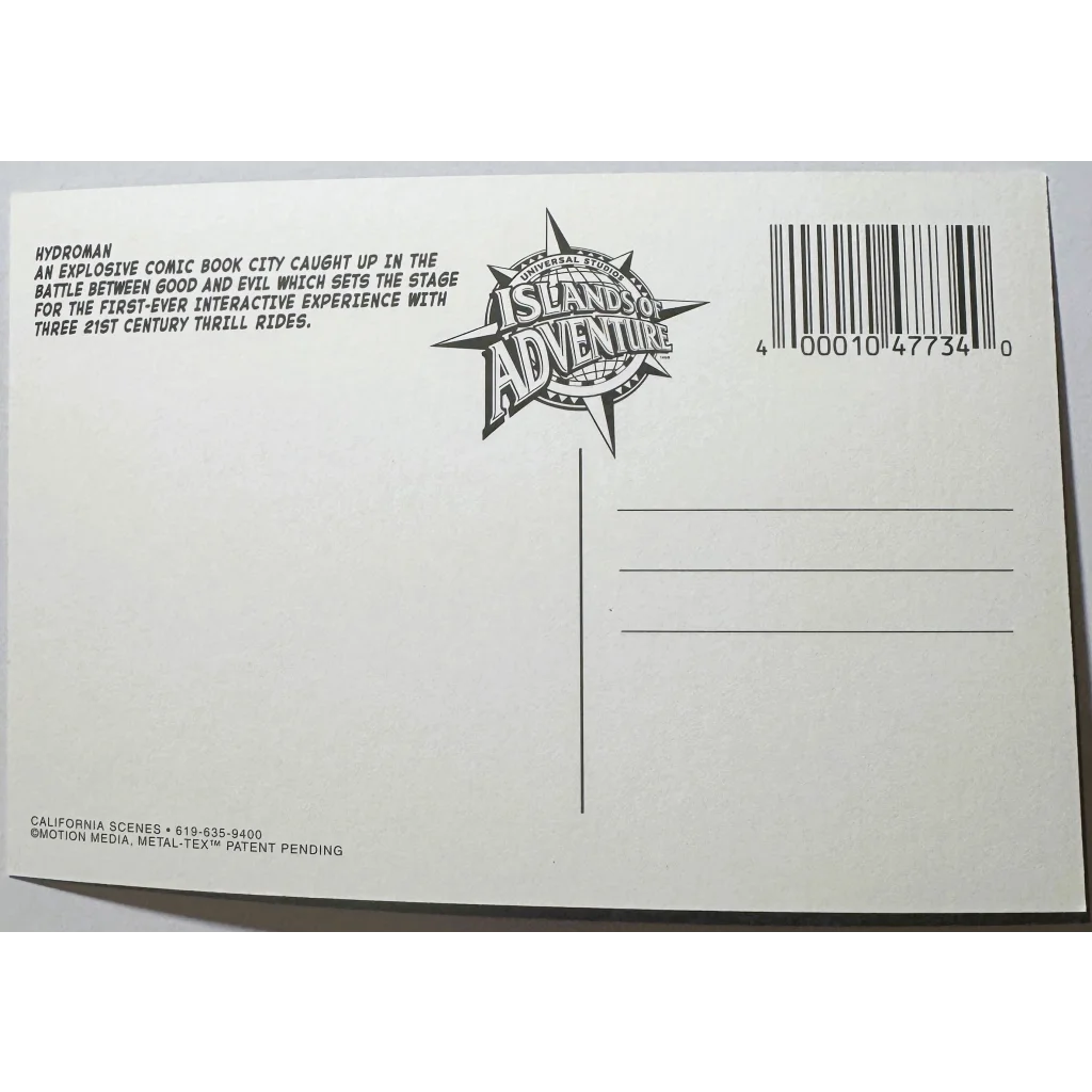 Islands of Adventure postcard featuring Hydroman Marvel comic villain from Universal Studios