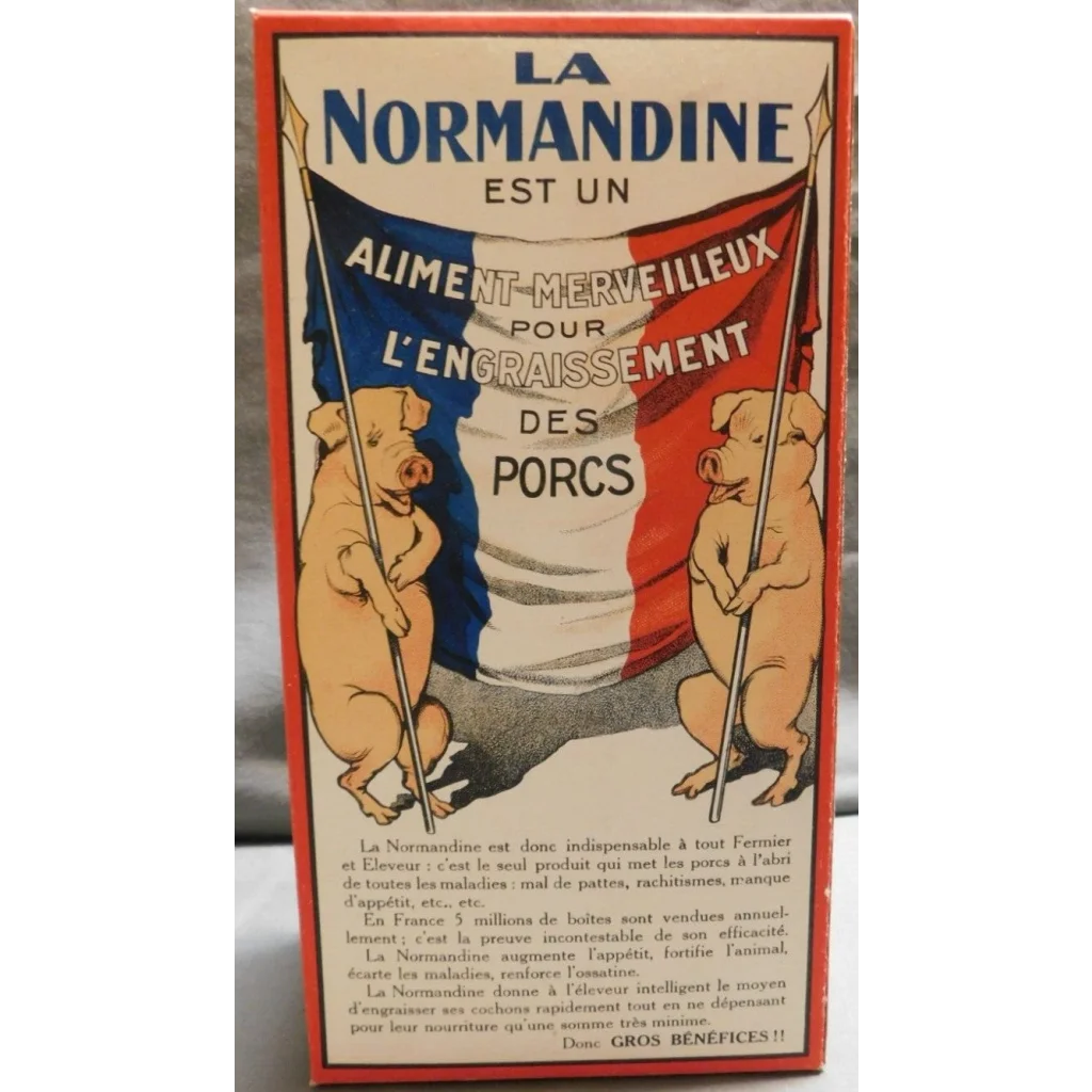 Vintage French poster for Normandine Pig Medicine with pigs and tricolor flags