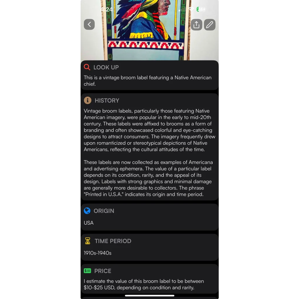 Vintage Native American broom label showing a chief, rare version antique collectible