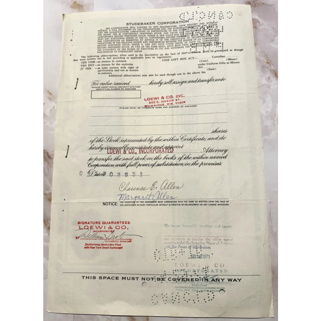 Official document with printed text and signatures from Rare Studebaker Stock Certificate