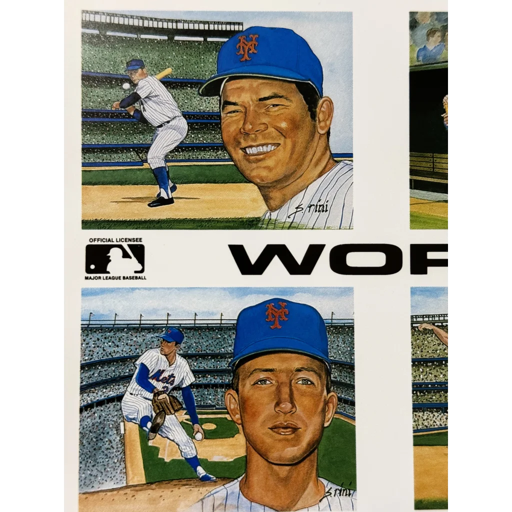Macro close-up of the press sheet showing the MLB Official Licensee logo beside painted panels with S. Rini signatures