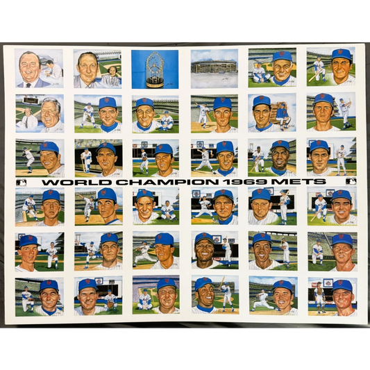 Full uncut Rini 1969 Mets press sheet, 36 painted panels in a 6x6 grid under the WORLD CHAMPION 1969 METS title strip