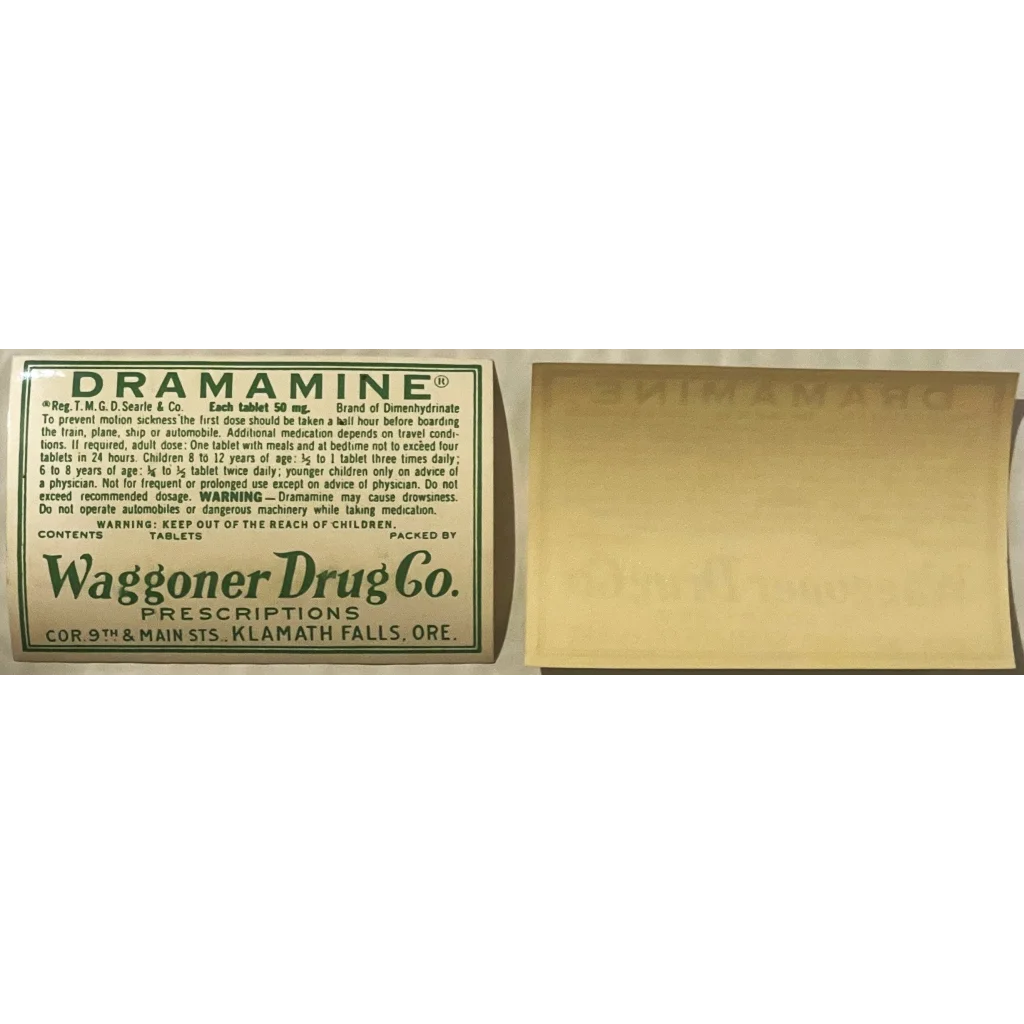 Rare Vintage 1940s Dramamine Label Waggoner Drug Company Klamath Falls OR Collectibles and Antique Gifts Home page