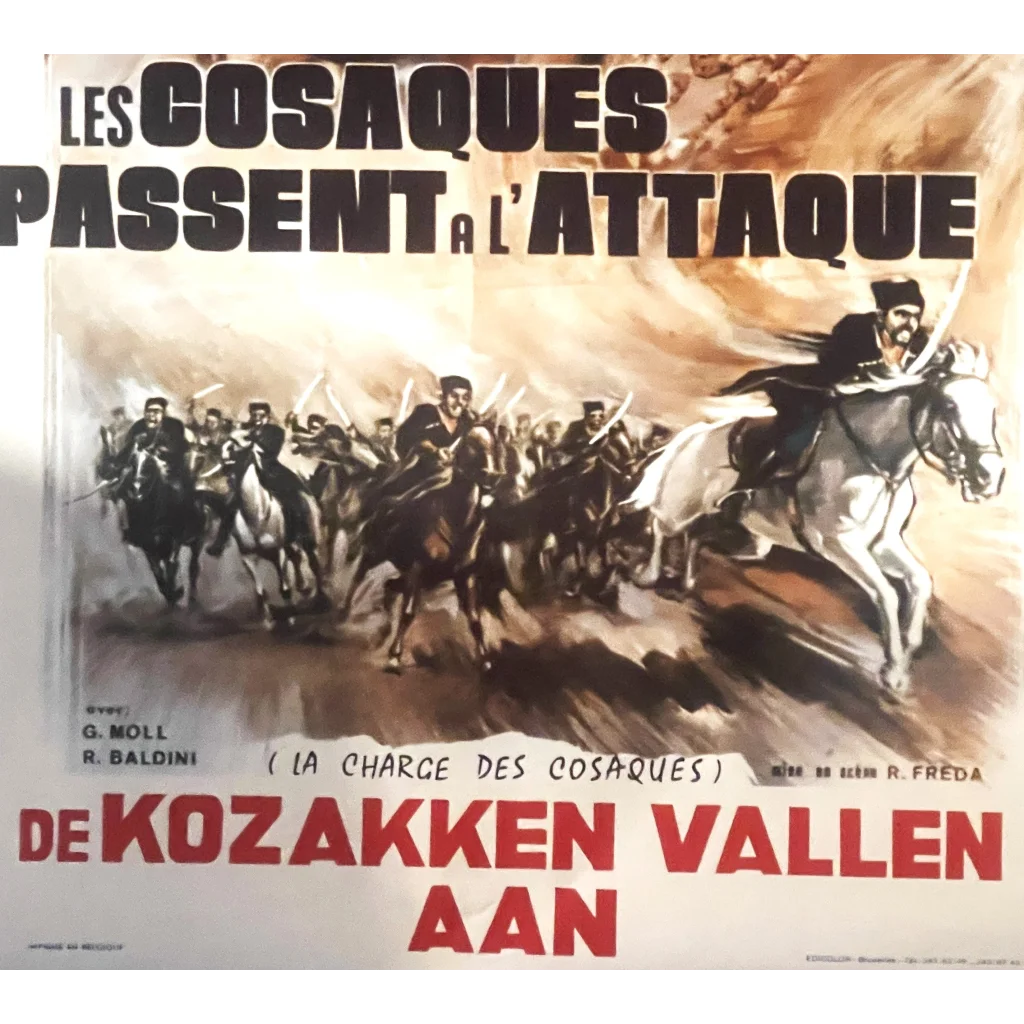 Vintage Belgium movie poster of Les Cosaques Passent with Cossacks charging into battle