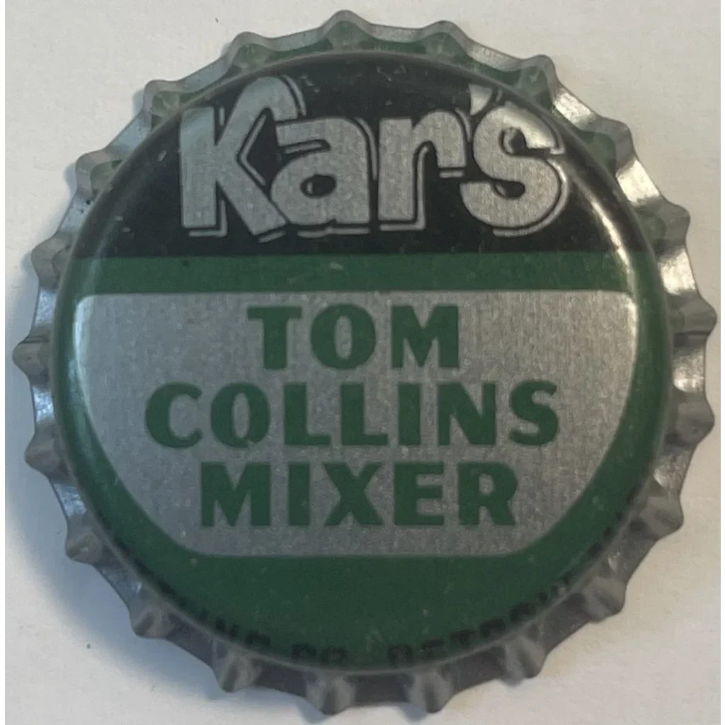 Rare vintage Tom Collins bottle cap with green and silver colors from the 1960s