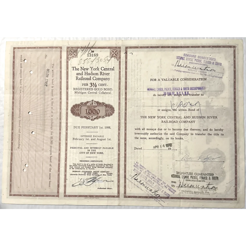 Stock certificate from The New York Central and Hudson River Railroad dated 1913