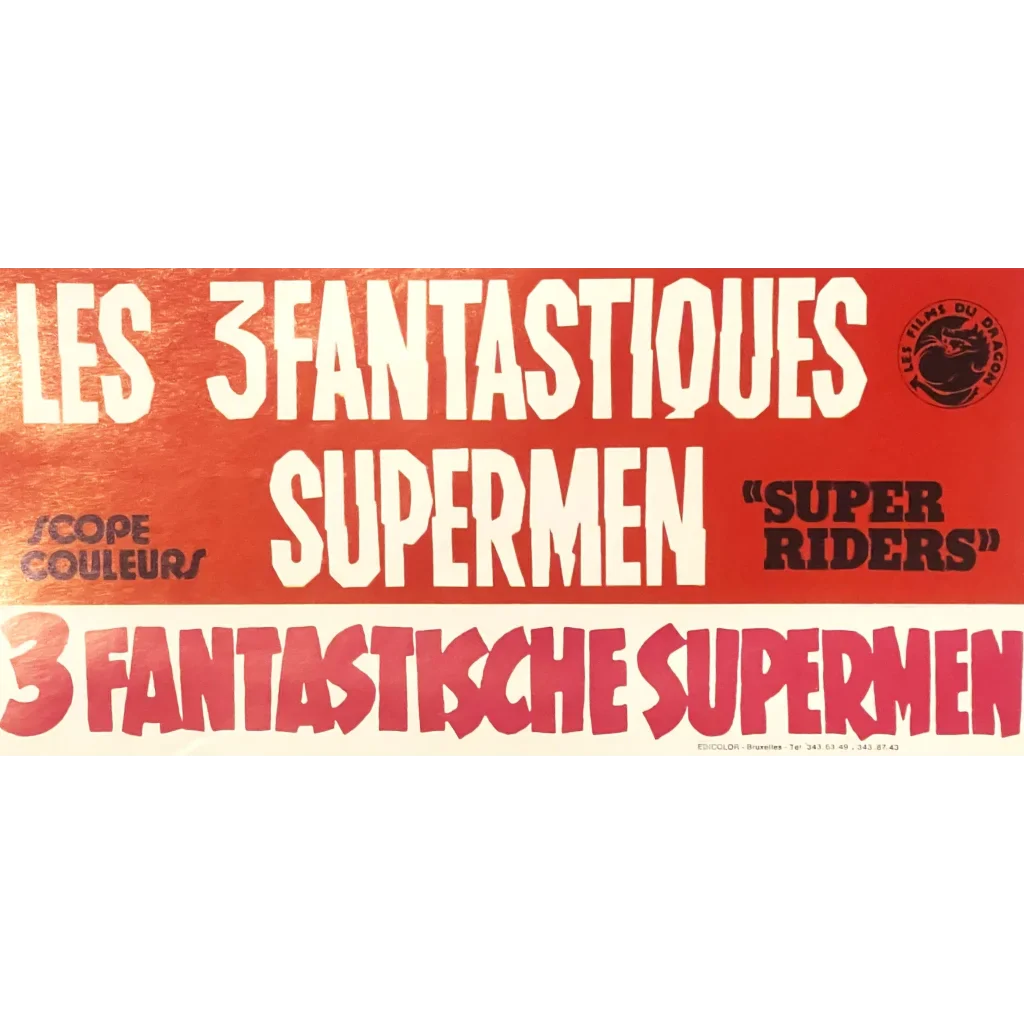 Rare Vintage Super Riders Movie Poster promoting Les 3 Fantastiques Supermen in multiple languages