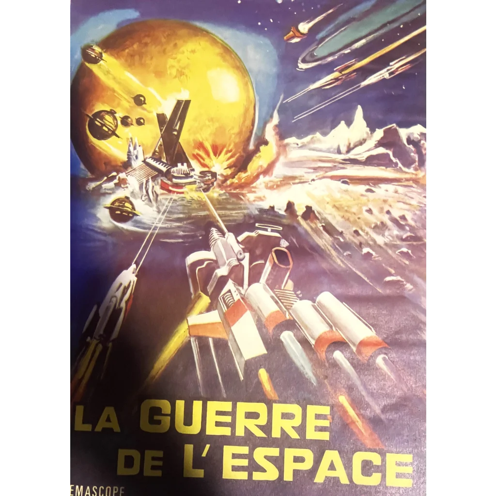 Rare Vintage Belgium Movie Poster of The War in Space with rockets and planets