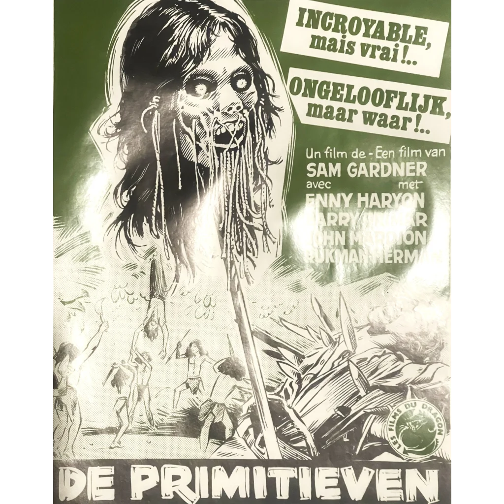 Vintage Les Primitifs Belgium movie poster with grotesque decomposing face and exposed teeth