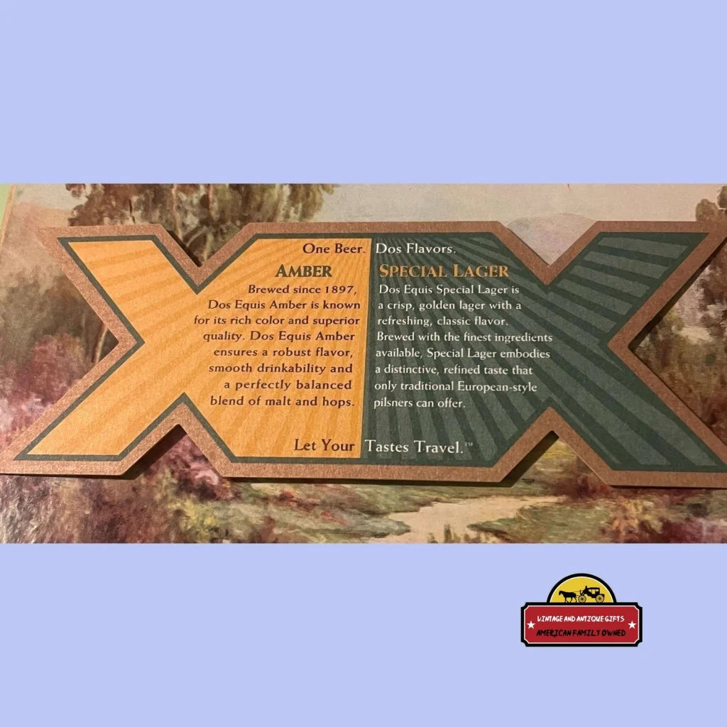 Informational display on Dos Equis Amber and Special Lager on a vintage coaster