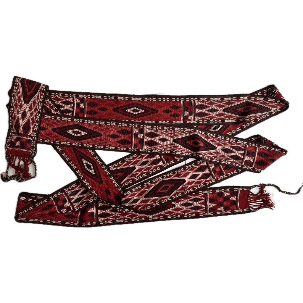 Antique Yomut tent band from late 1800s Turkmenistan showing full length diamond pattern in red and deep blue
