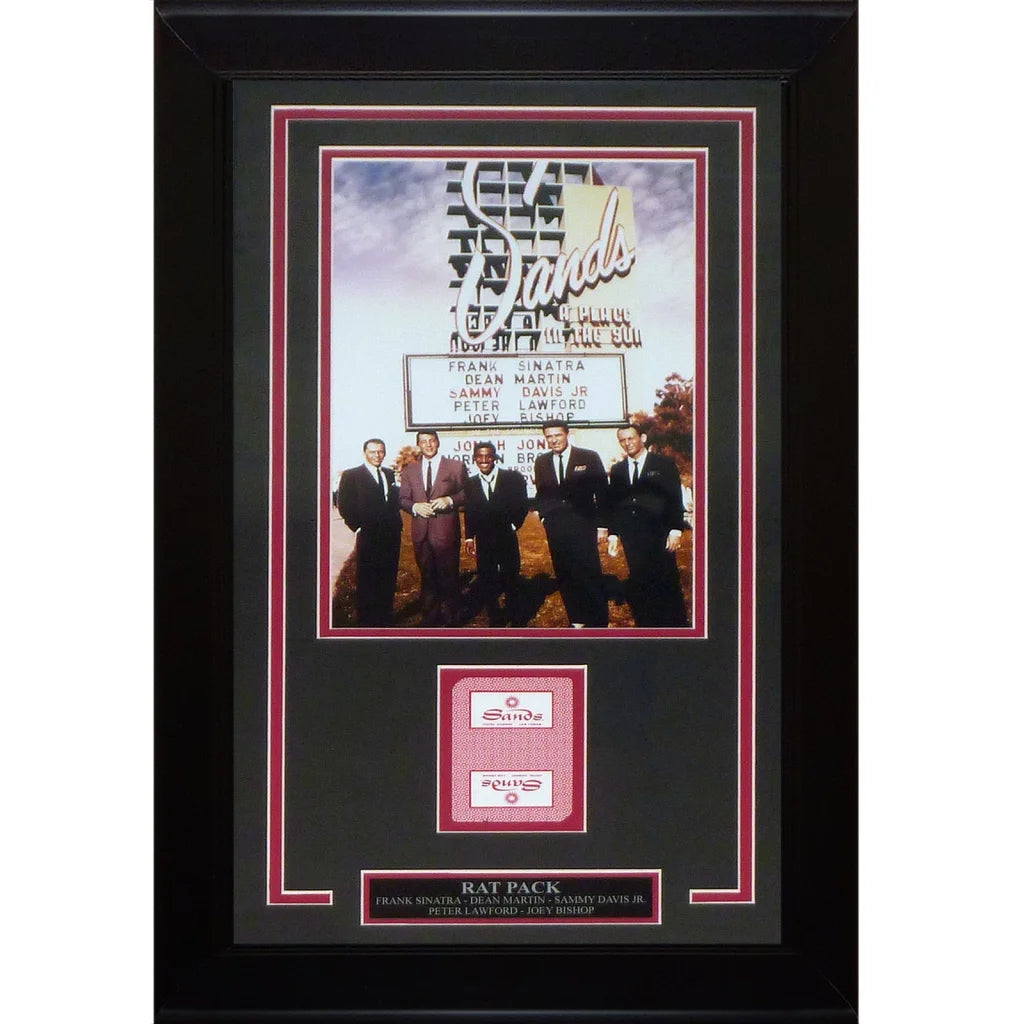 Framed 8x12 photo of Rat Pack under Sands Hotel sign with original Sands playing card