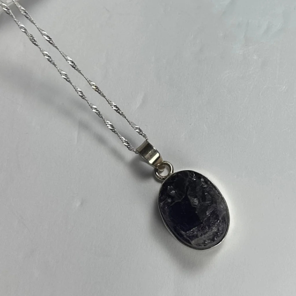 Silver twisted chain with raw rough amethyst pendant in sterling silver