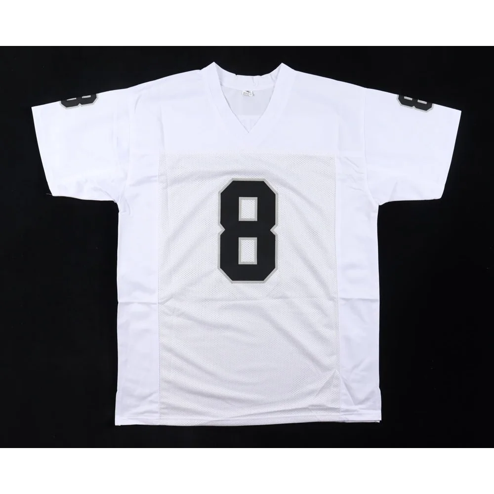 White short-sleeved Ray Guy signed jersey with black number 8 and HOF 14 inscription