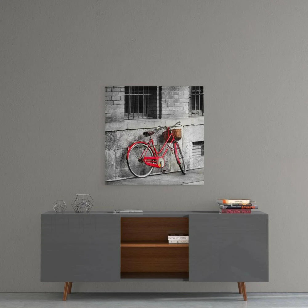 Vibrant red vintage bicycle with wicker basket in glass wall art