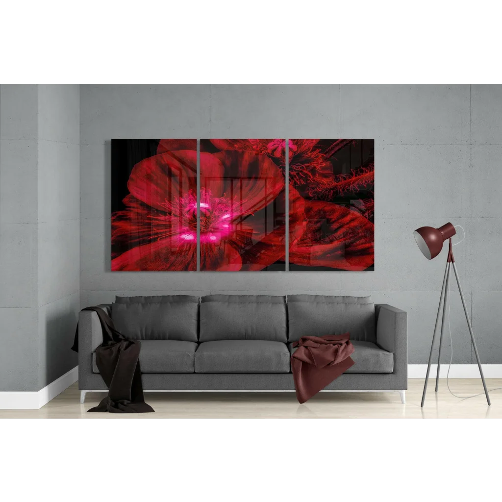 Stunning Red Poppy Glass Wall Art Three Panel Set | Modern Wall Art Decor | vintageantiquesgifts.com