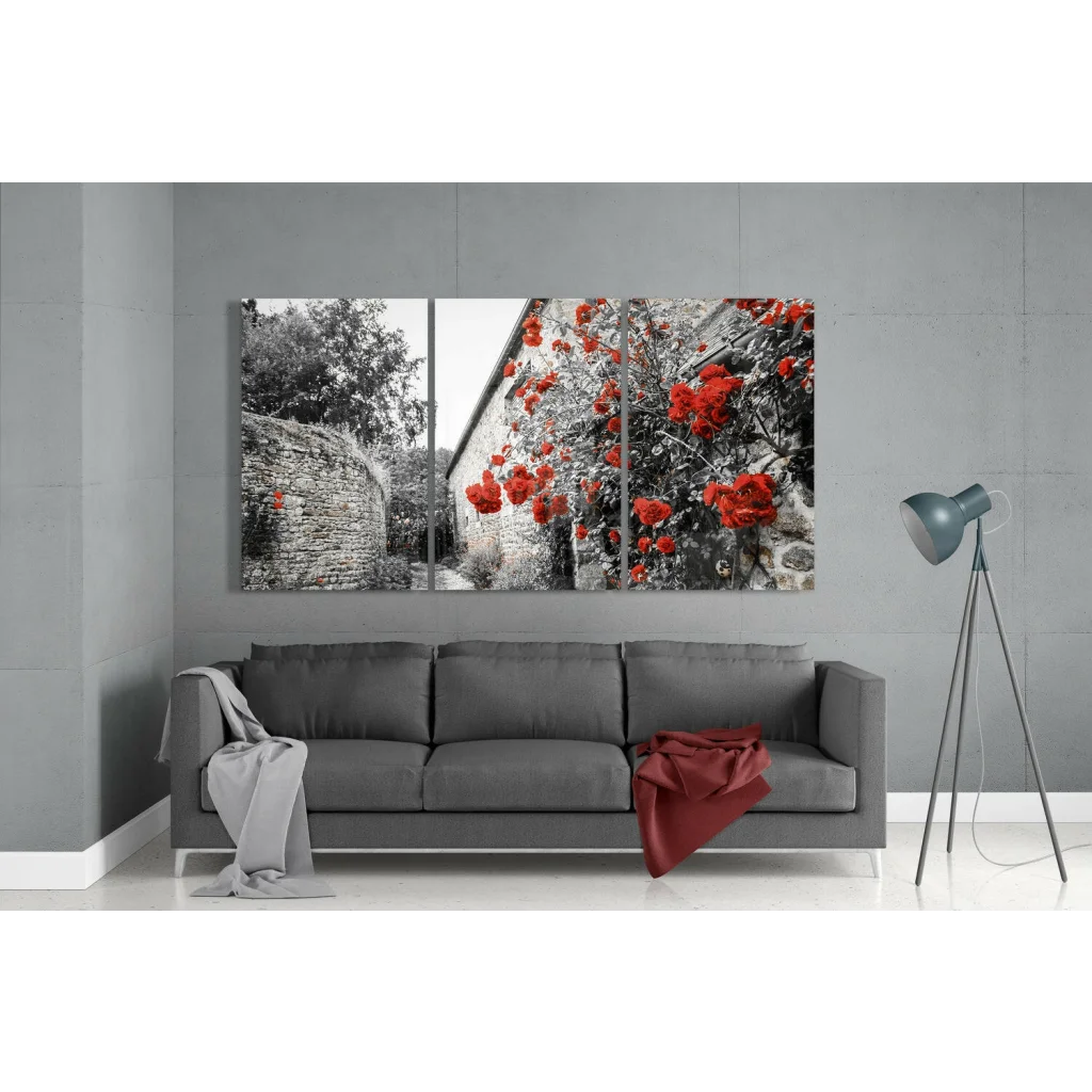 Stunning red rose triptych canvas wall art set with vibrant flowers on black-and-white stone backdrop