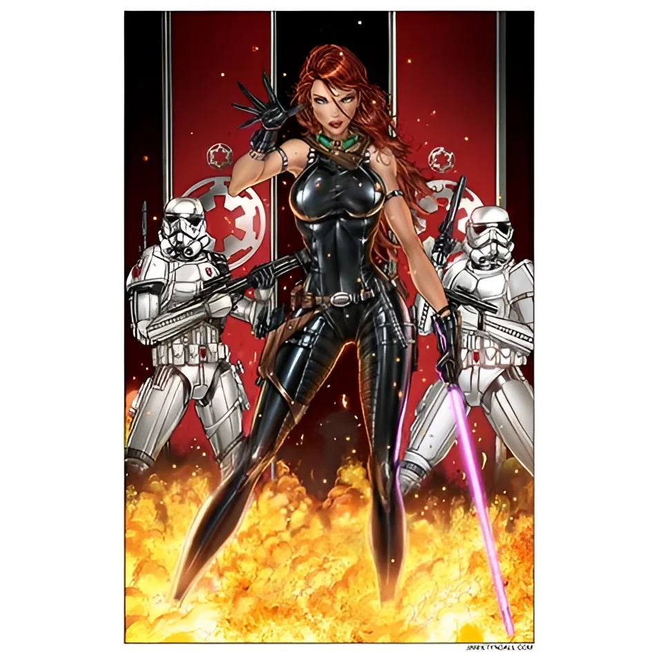 Red haired rebel in black leather with Stormtroopers brushed aluminum print