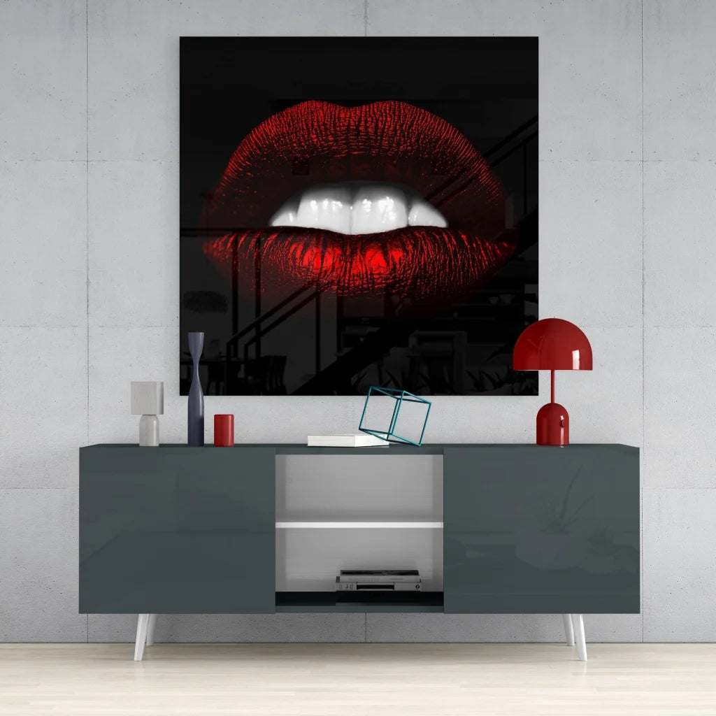 Bold red lips tempered glass art print with glossy smile on black background